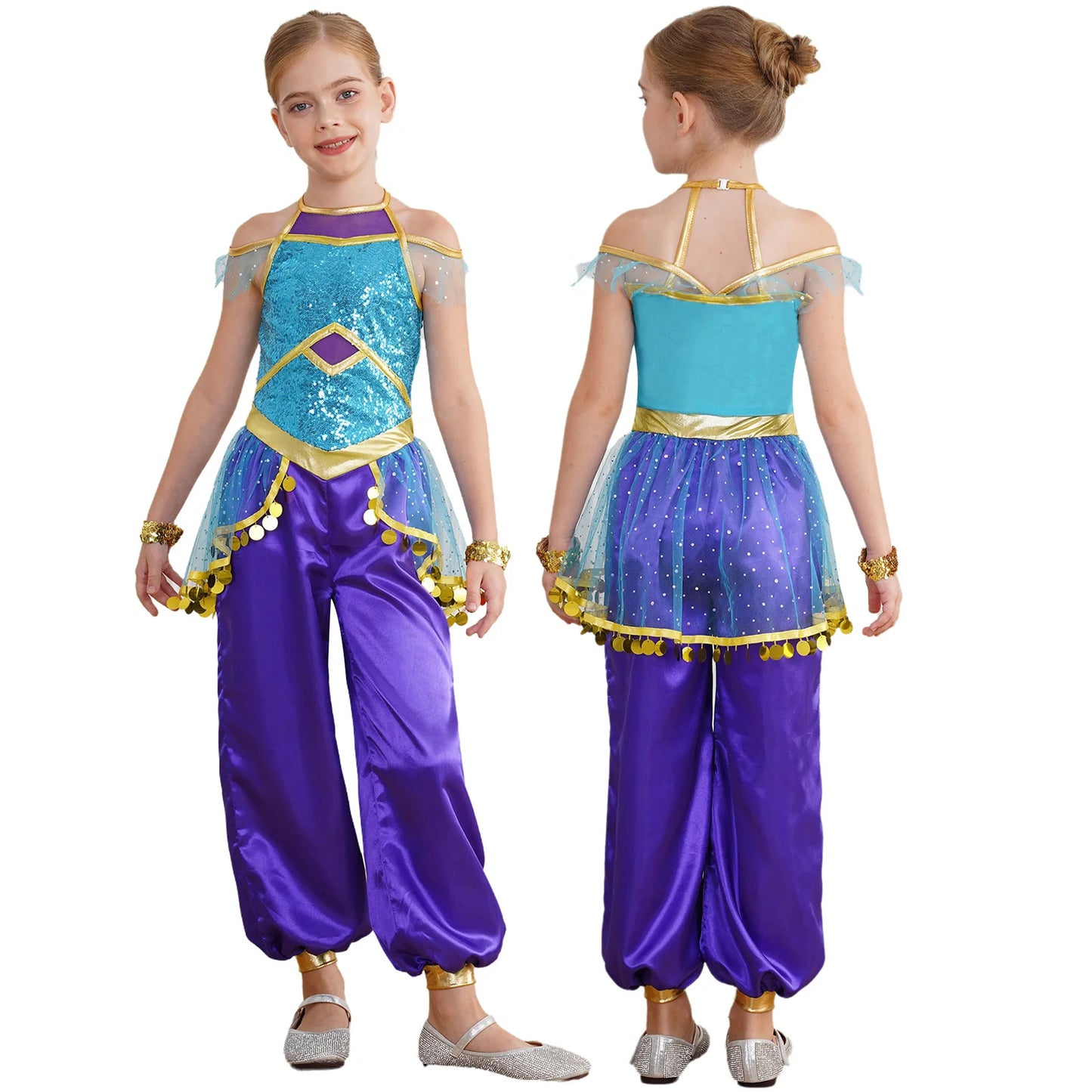 KIds Girls Arabian Princess Costume Indian Bollywood Belly Dance Jumpsuit Halloween Party Fairy Tale Pretend Play Fancy Dress