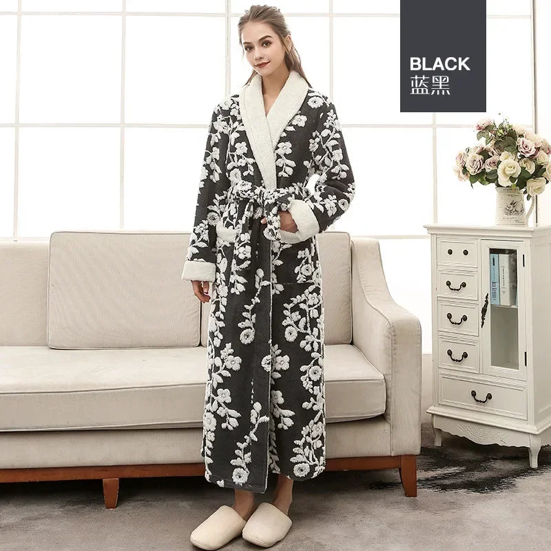 Dicke Flanell Jacquard Nachtwäsche Lose Casual Homewear Lounge Tragen Korallen Fleece Lange Robe Winter Warme Paar Bademantel Nachtwäsche