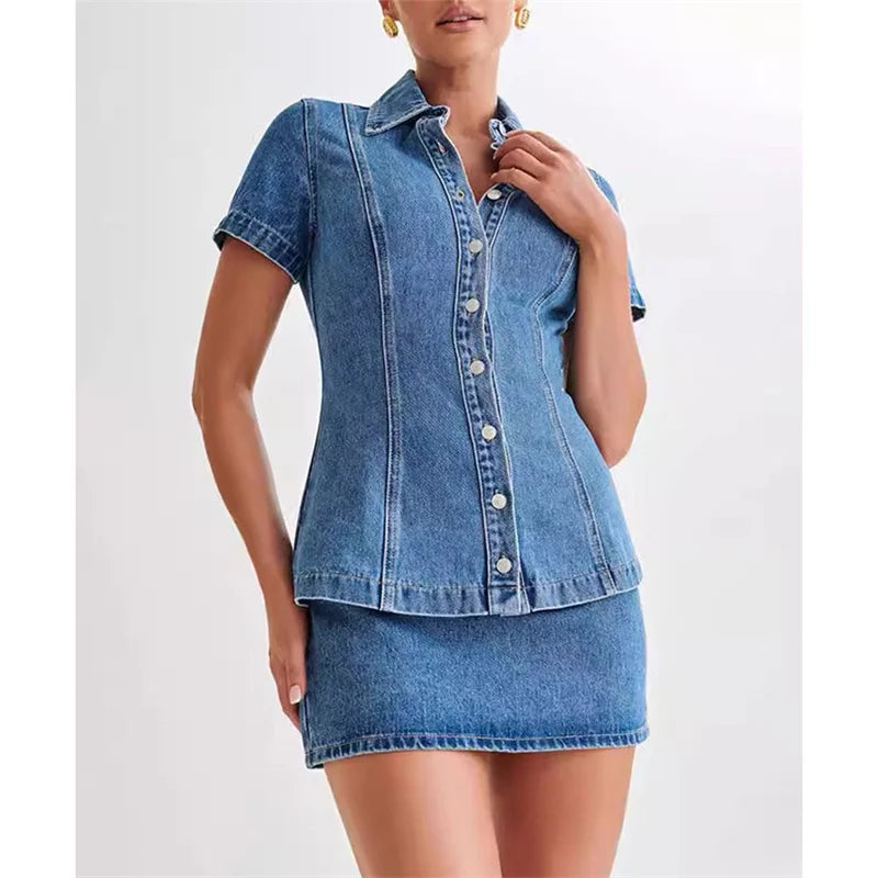 Frauen Einreiher Spleiß Kurzarm Jacken Slim Fit Denim zweiteilige Sets Straight Wrap Hüfte Ultra Short Rock Damen anzüge