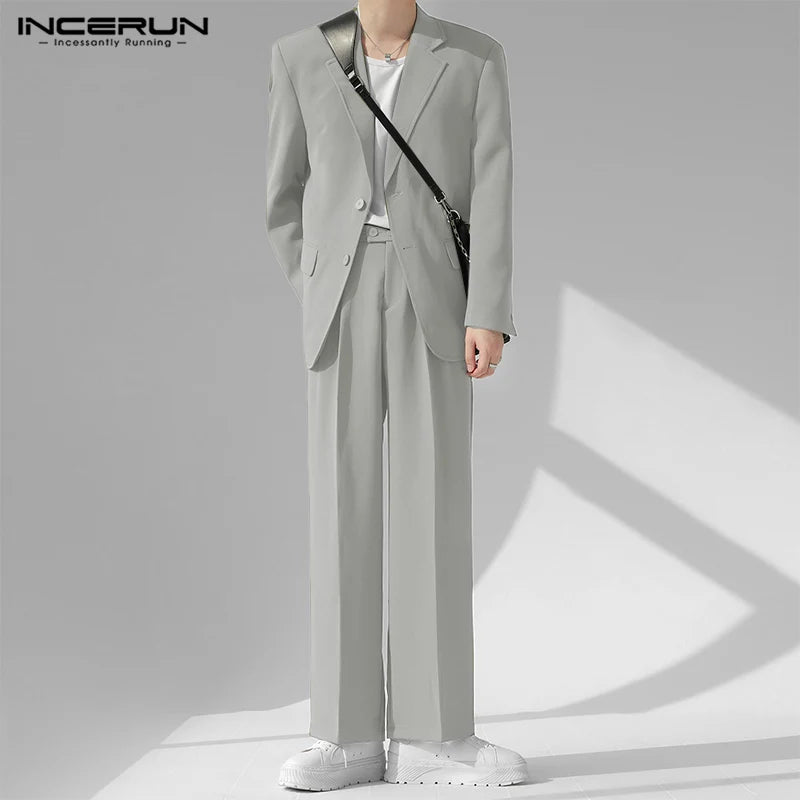 INCERUN 2024 Men Sets Solid Color Streetwear Laple Long Sleeve Button Blazer & Pants 2PCS Korean Fashion Men Casual Suits S-5XL