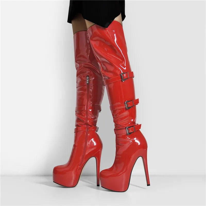 Only maker Frauen Plattform runde Zehen Stiletto Seite Reiß verschluss über dem Knie hohe Stiefel Lack leder rot Mode sexy Winters tiefel