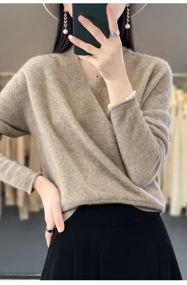 Winter Wolle Pullover Damen V-Ausschnitt Pullover lose Strick Bottom ing Shirt Mode weibliche lange Ärmel mit Gewinde Kaschmir Tops r539