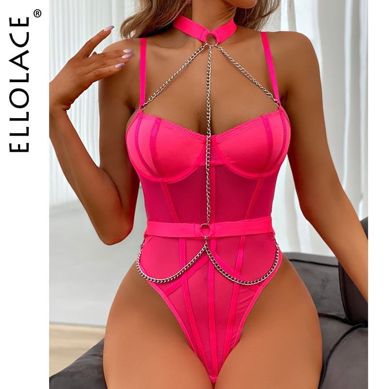 Ellolace Erotic Bodysuit With Halter Chain Fitness Sexy Porn See Through Teddy High Leg Body Suit Lace Sissy Hot Sensual Tights