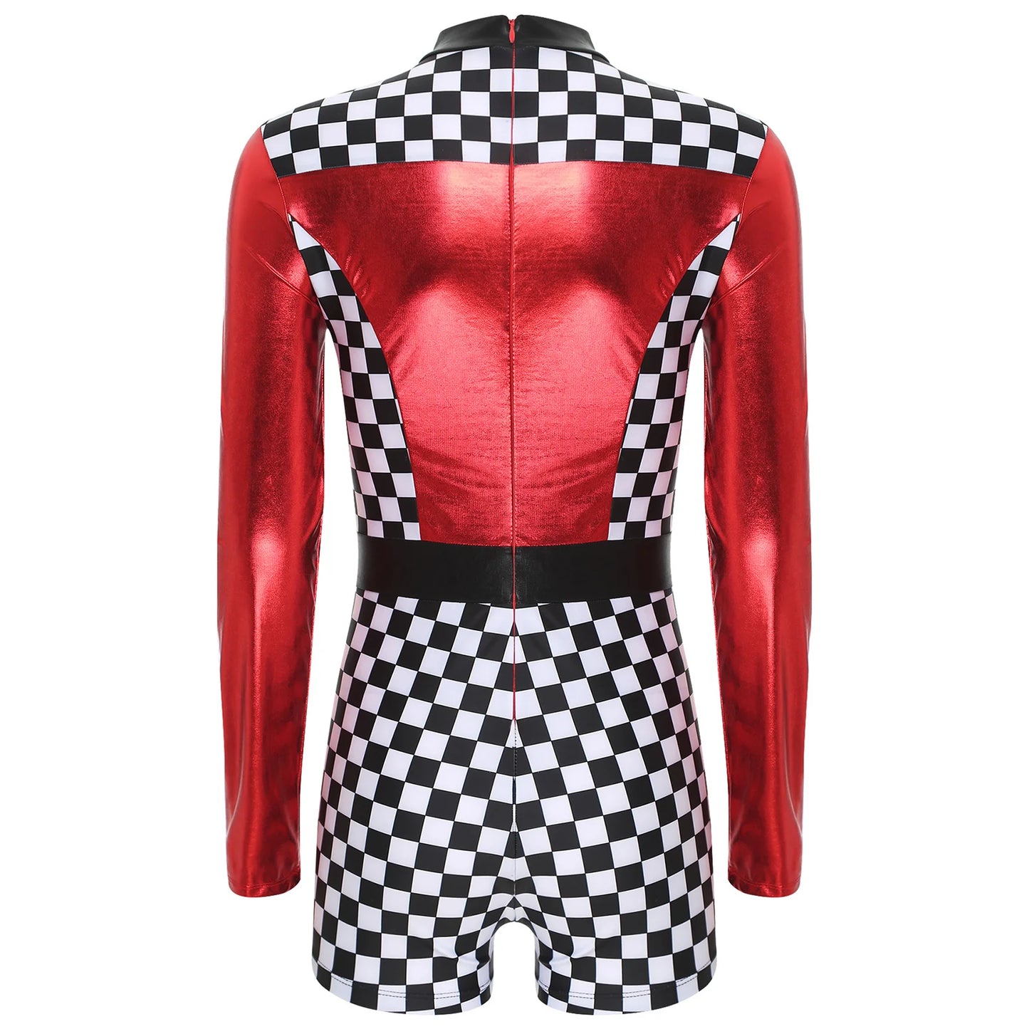 Womens Speed Car Driver Kostüm Halloween Racer Pullover Langarm Metallic Bodysuit Overall Cosplay Party Kostüm