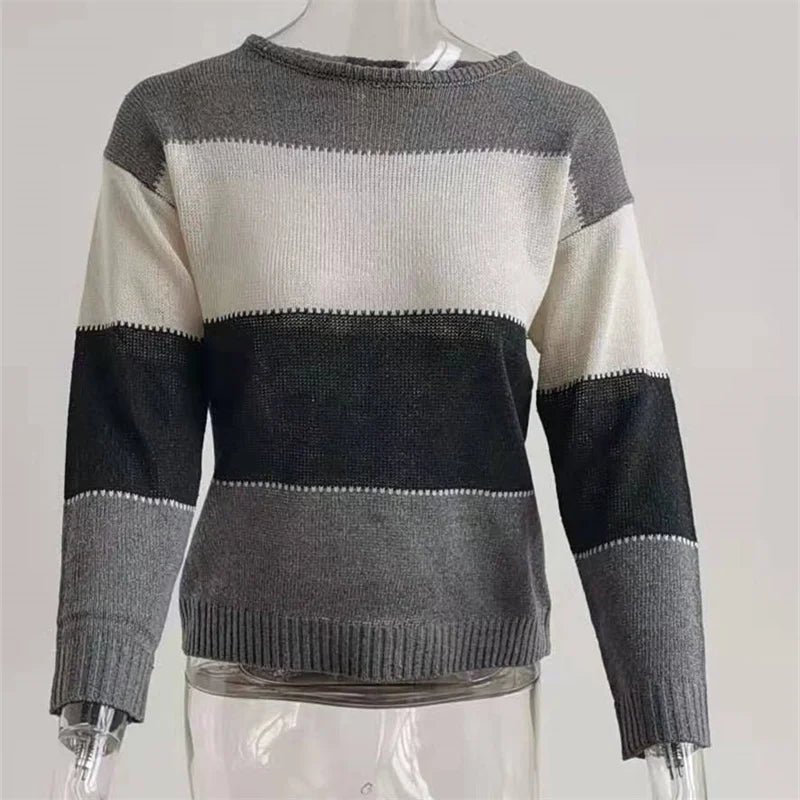 Herbst Winter Warme Farbe Blockieren Pullover Frauen Neue Laterne Langarm Strickwaren O Neck Jumper Weibliche Beiläufige Lose Gestrickte Tops