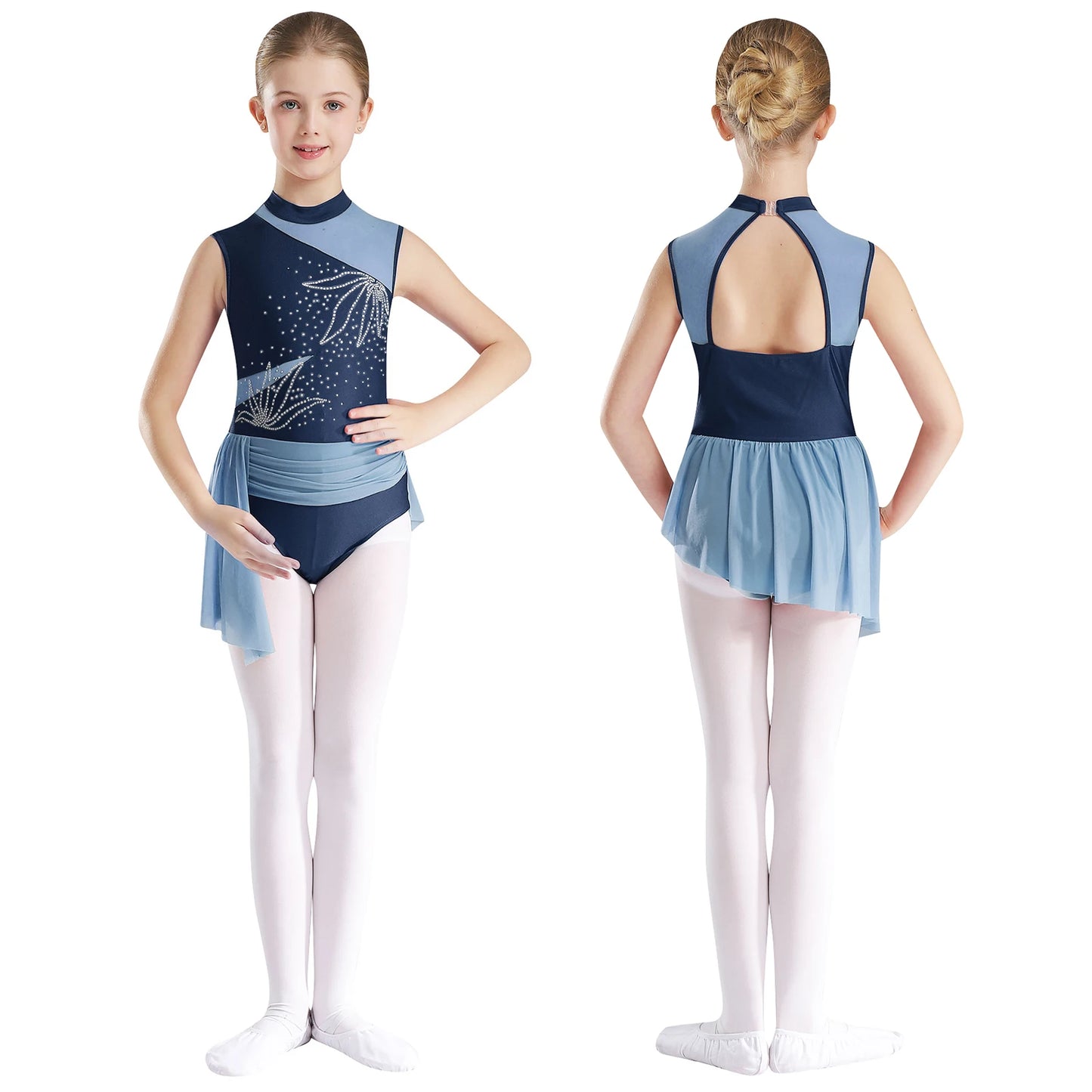 Kinder Mädchen Glitzer Strass Blumen Ballett Tanz unregelmäßiges Kleid Rocked Trikot Gymnastik Bodysuit Ballerina Dance wear