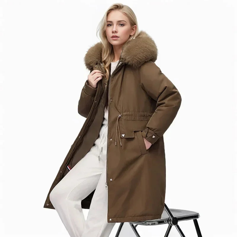 2024 neue Winter Frauen Parka Kleidung lose lange Mantel Wolle Liner Kapuze Daunen Baumwoll jacke Pelz kragen dicken warmen Schnee tragen gepolstert