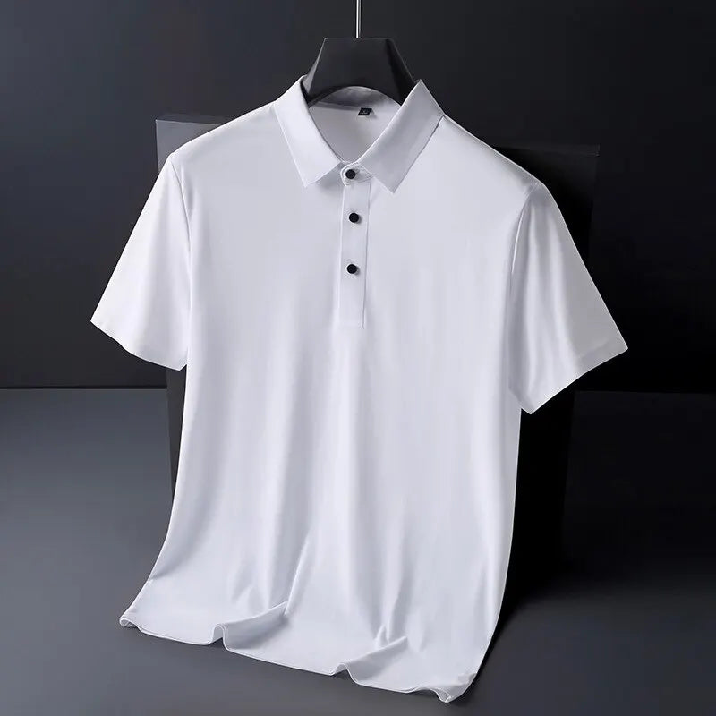Summer Ice Silk Polo Shirt High-End T-Shirt Solid Color New Half Sleeve Non-Marking Casual Lapels Business Thin Menswear