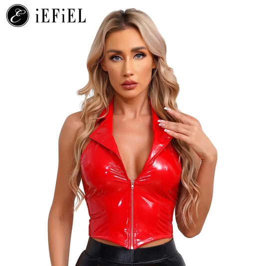 Womens Wet Look Leder Deep V Neck Neck holder rücken freie Crop Tank Tops sexy Leibchen Weste für Club Party Festival schwärmt Clubwear