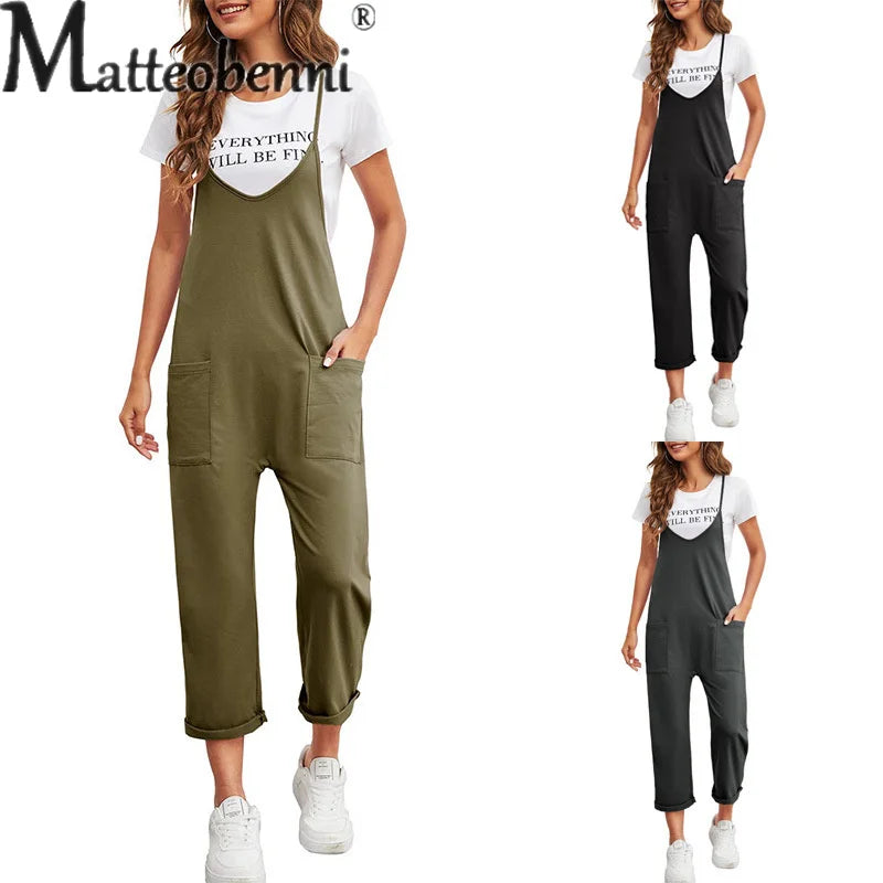 Sommer frauen Schlinge Overall Einfarbig Casual Spleißen Tasche Ein Stück Outfits Weibliche Neue Lose Bodysuit Gerade Lange Hosen