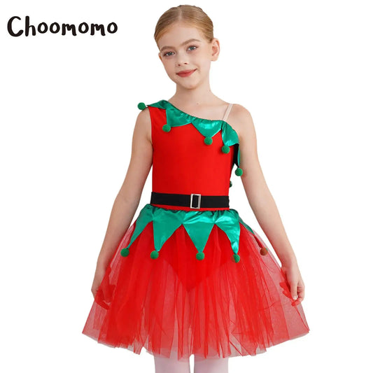 Kinder Mädchen eine Schulter Weihnachten Tanz Tutu Kleid Trikot Weihnachten Urlaub Party Santas Helfer Festivals Performance Kostüm