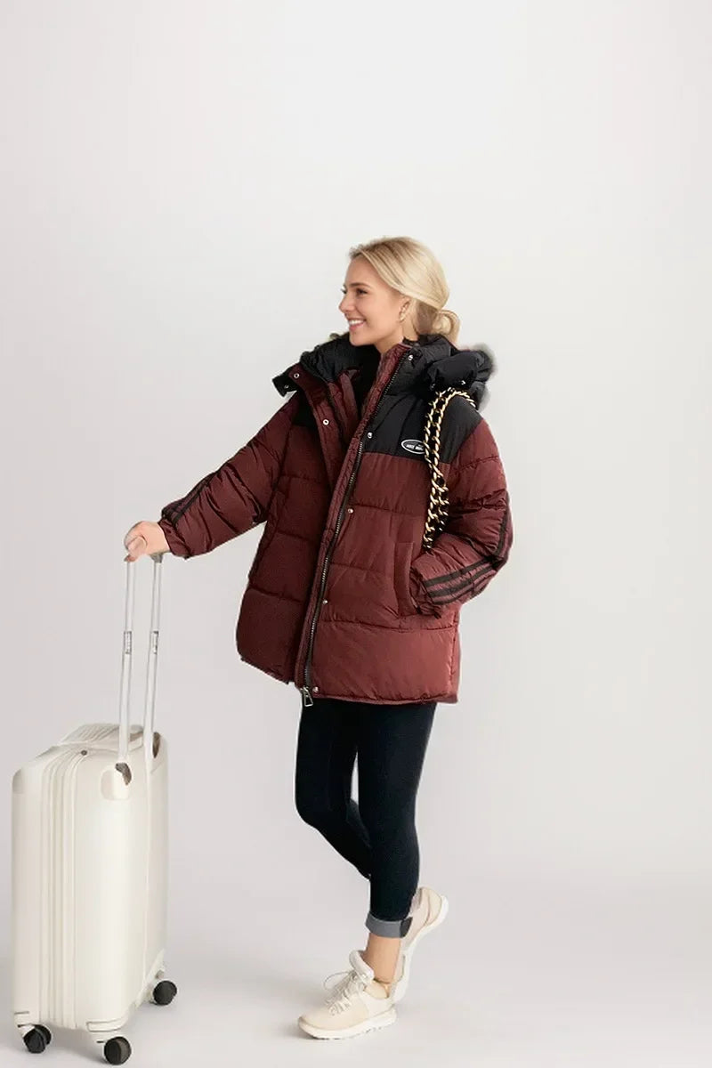 2024 neue Winter Damen jacke Kontrast lässig Kapuze Daunen Baumwoll jacke weiblich verdicken warme lose Puffer gepolsterte Parkas Mäntel