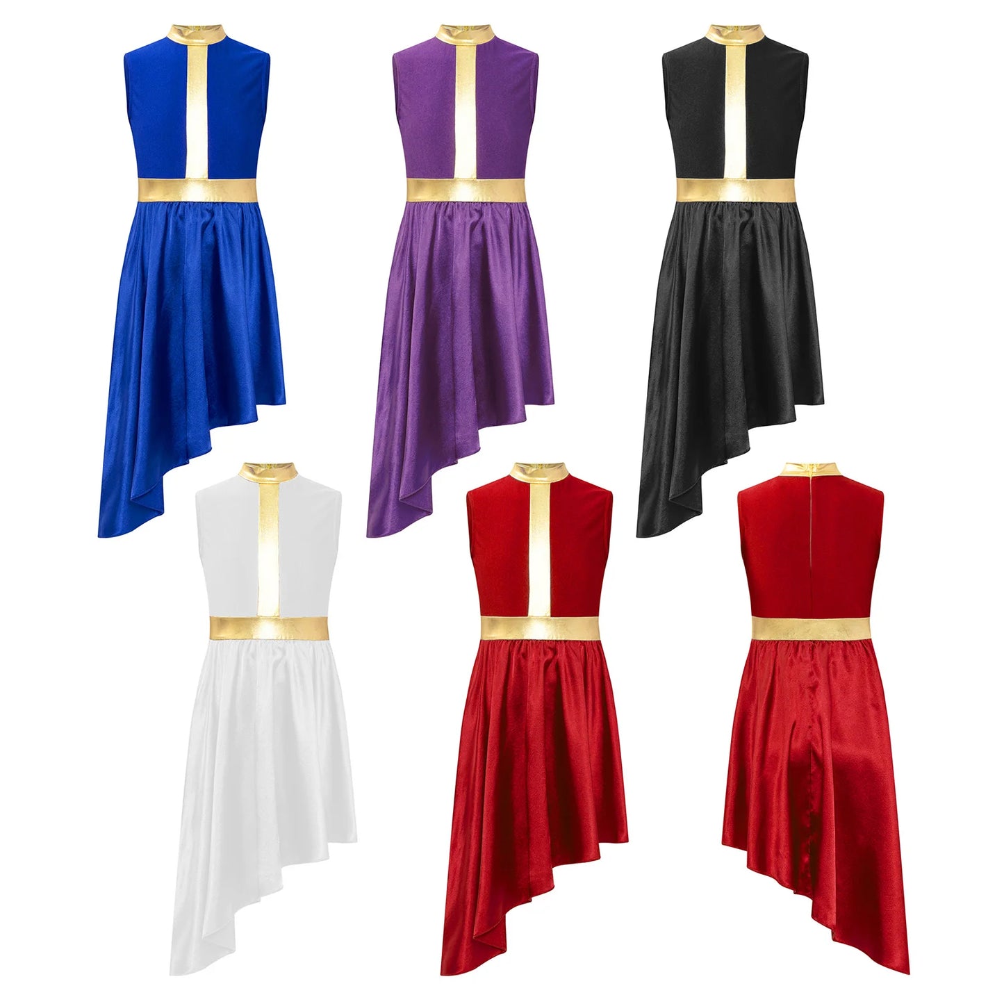 Kids Girls Asymmetrical Worship Dance Dress Sleeveless Metallic Bicolor Liturgical Praise Church Costumes Lyrical Dancewear