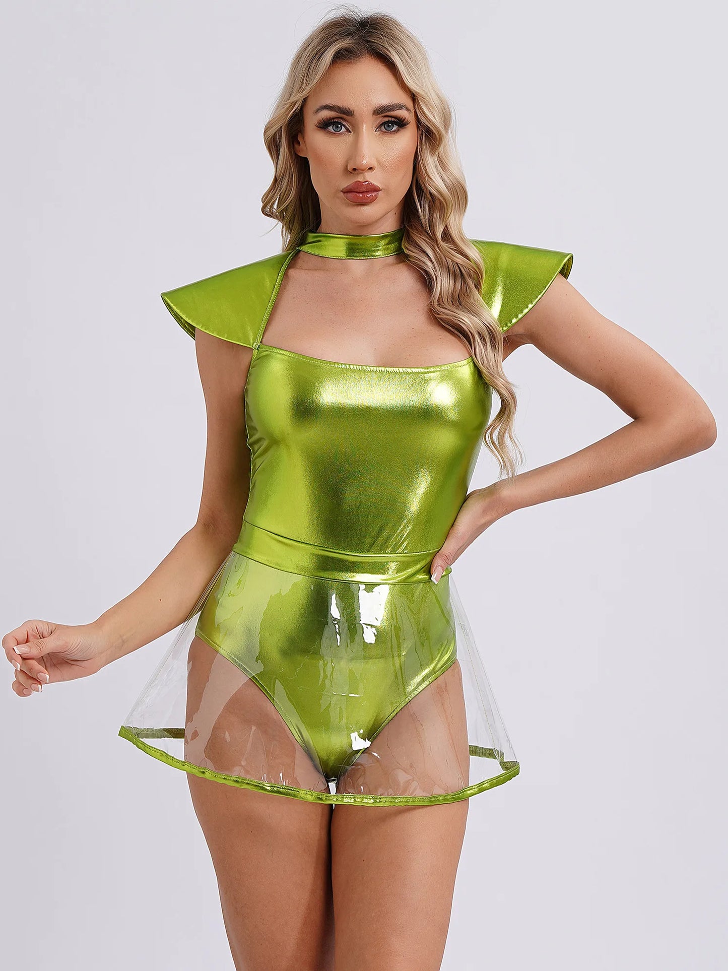 Frauen Weltraum Alien Kostüm Metallic Ausschnitt Rock Trikot Bodysuit außer irdische Halloween Cosplay Party verkleiden