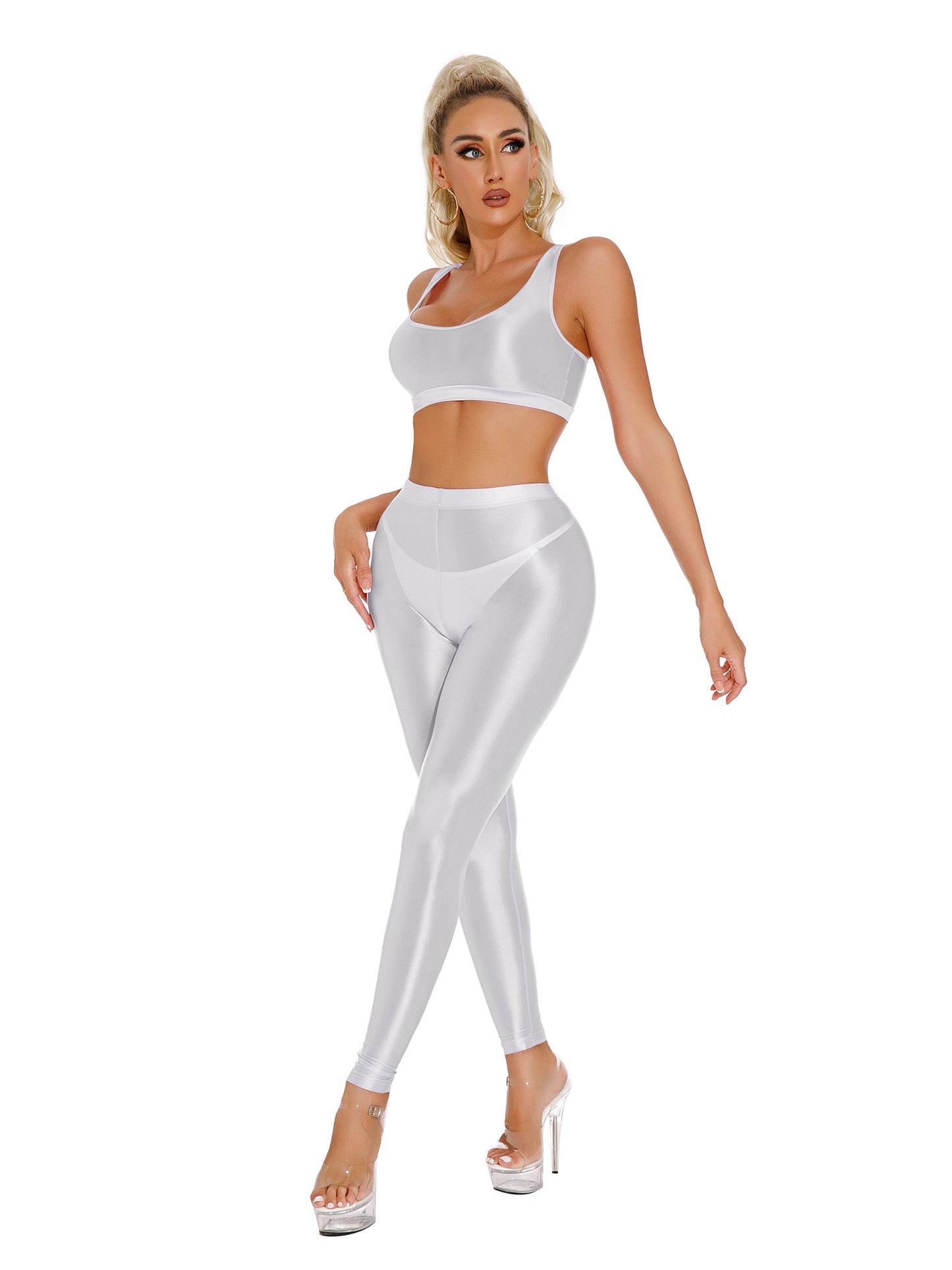 Damen glänzendes Öl ärmelloses U-Ausschnitt Racer back Crop Top mit Leggings für Tanz Yoga Sport Gym Fitness Übung Active wear