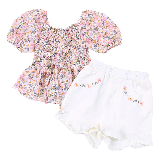 2 3 4 5 6 7 jahre Mädchen Kleidung Sets Sommer Mode Koreanischen Stil Chiffon Floral Top Und Weiß Shorts kleine Prinzessin Baby Anzüge