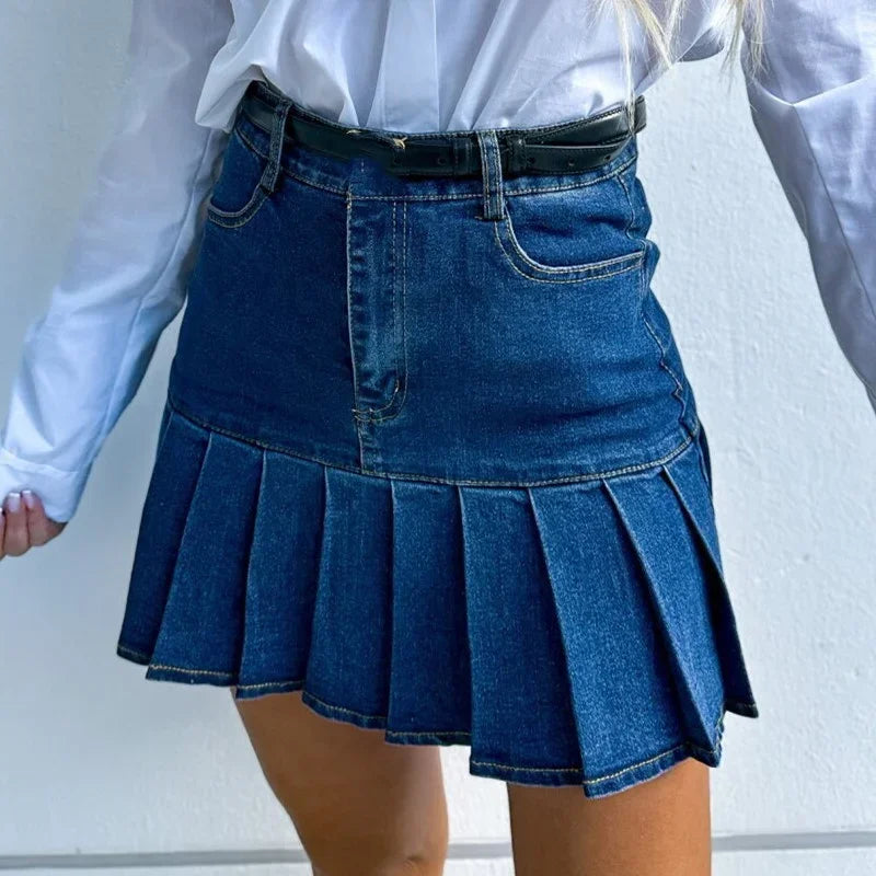 Süße Stil Spleißen Plissee Saum Denim Rock Frauen Sommer Mode Lässig Hohe Taille Taste Patchwork Weibliche Halbkörper Kleid neue