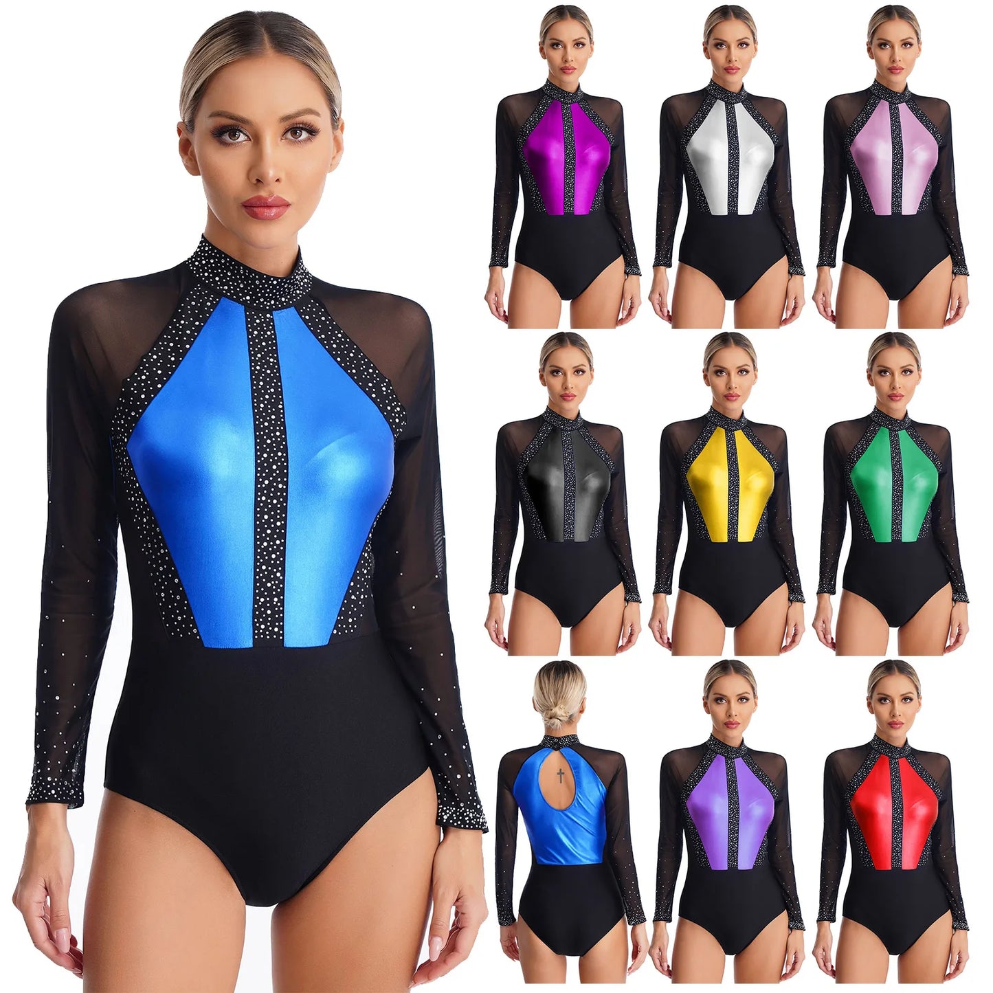 Funkelnde Strass steine für Damen Farb block Gymnastik Trikots Langarm Ballett Tanz Bodysuit Overall sportliche Tanz kleidung