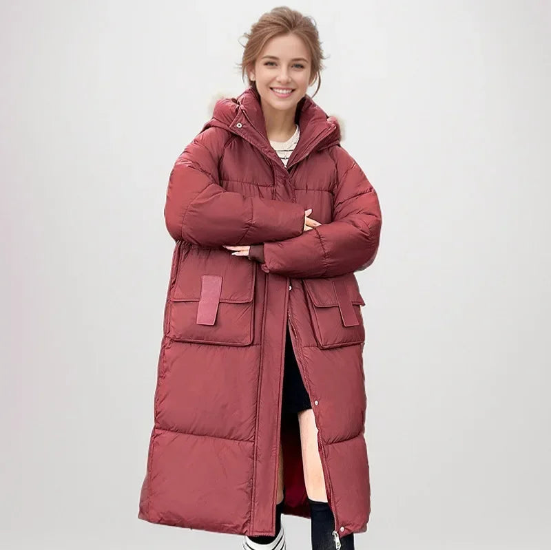 2024 neue Frau Daunen Baumwoll jacke Winter langen Mantel Kapuze große Taschen Mode warme dicke Reiß verschluss Mantel weiblichen Wintermantel