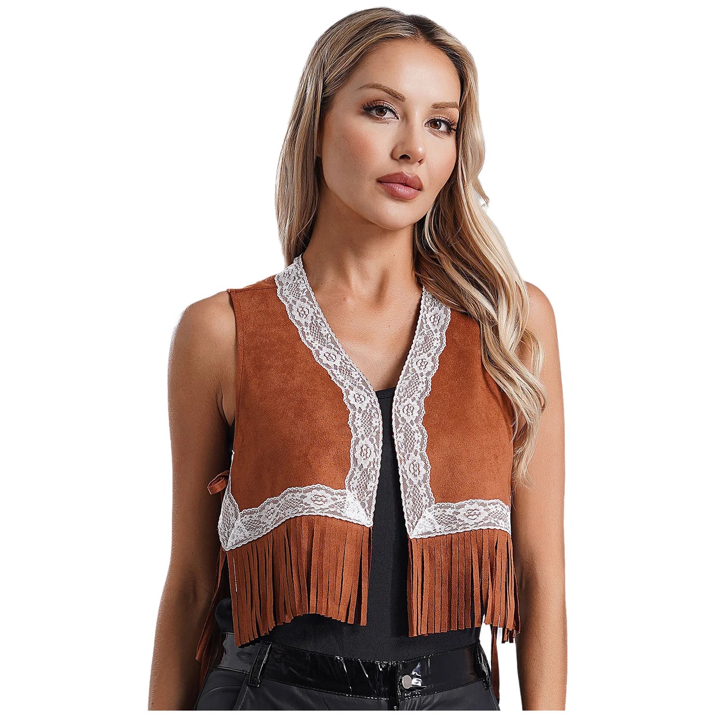 Damen Western Cowgirl ärmellose Spitzen besatz Fransen Quaste Weste Weste 70er Jahre Hippie Mantel Jacke Strickjacke Halloween Kostüm