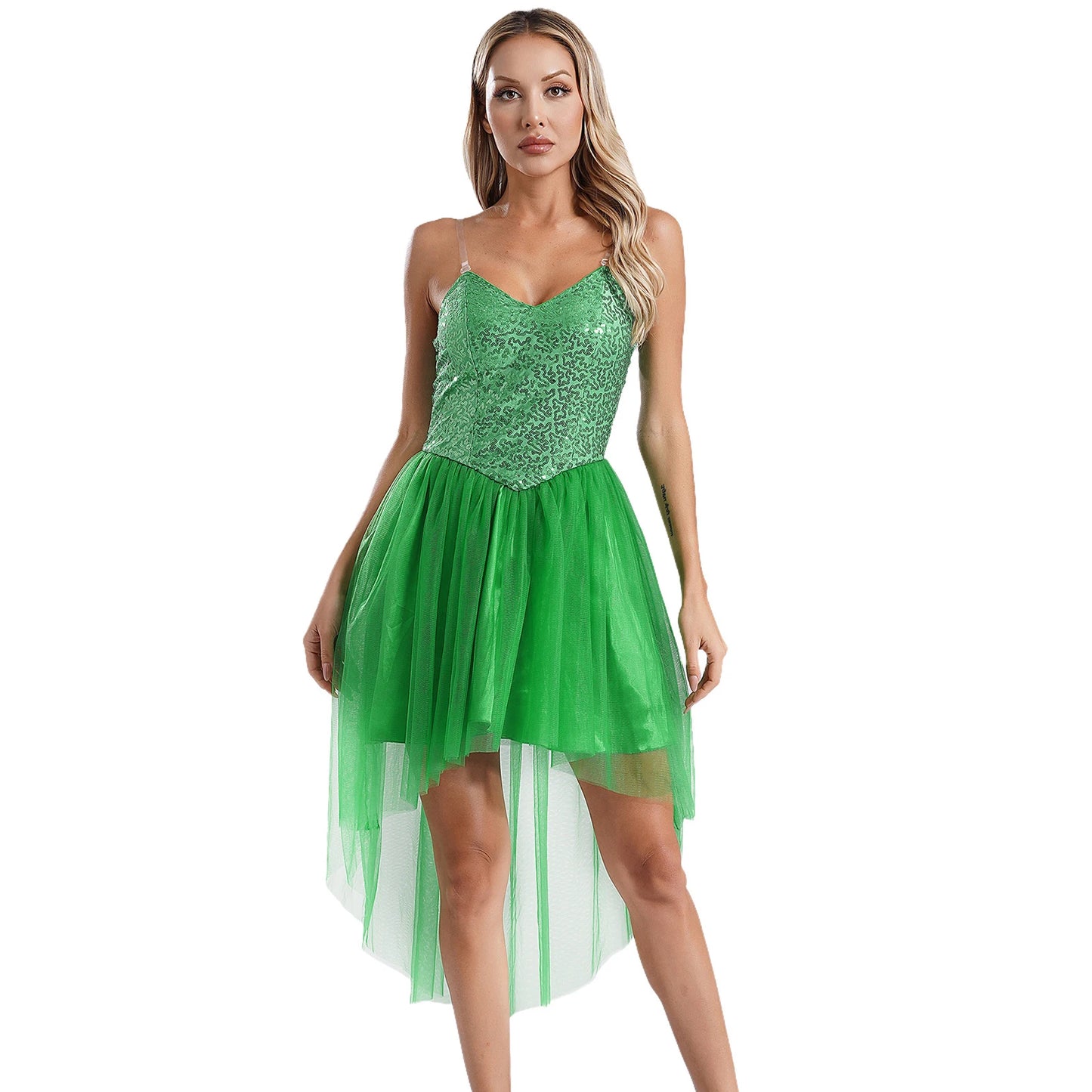 Womens Green Fairy Kostüm Märchen Prinzessin Elf High Low Kleider für Halloween Cosplay Party Bilderbuch Rollenspiel verkleiden