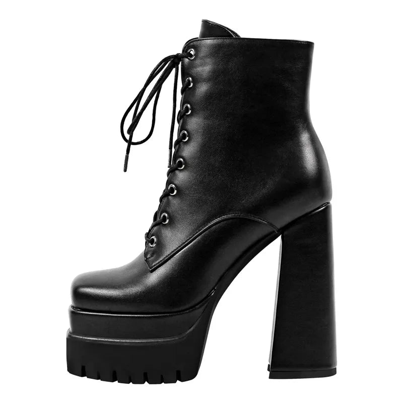 Onlymaker Frauen Plattform Karree Stiefeletten Block Chunky High Heel Schwarz Matte Lace Up Dick Party Kleid Winter Booties