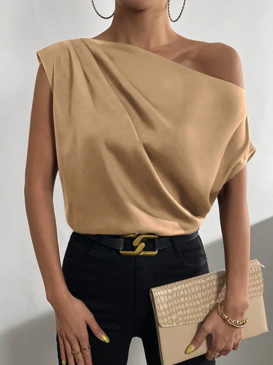 Yeezzi Frauen Koreanische Mode Einfarbig Asymmetrische T-Shirts 2024, Neue Sommer One-Shoulder Urban Casual Büro Pendeln Tops