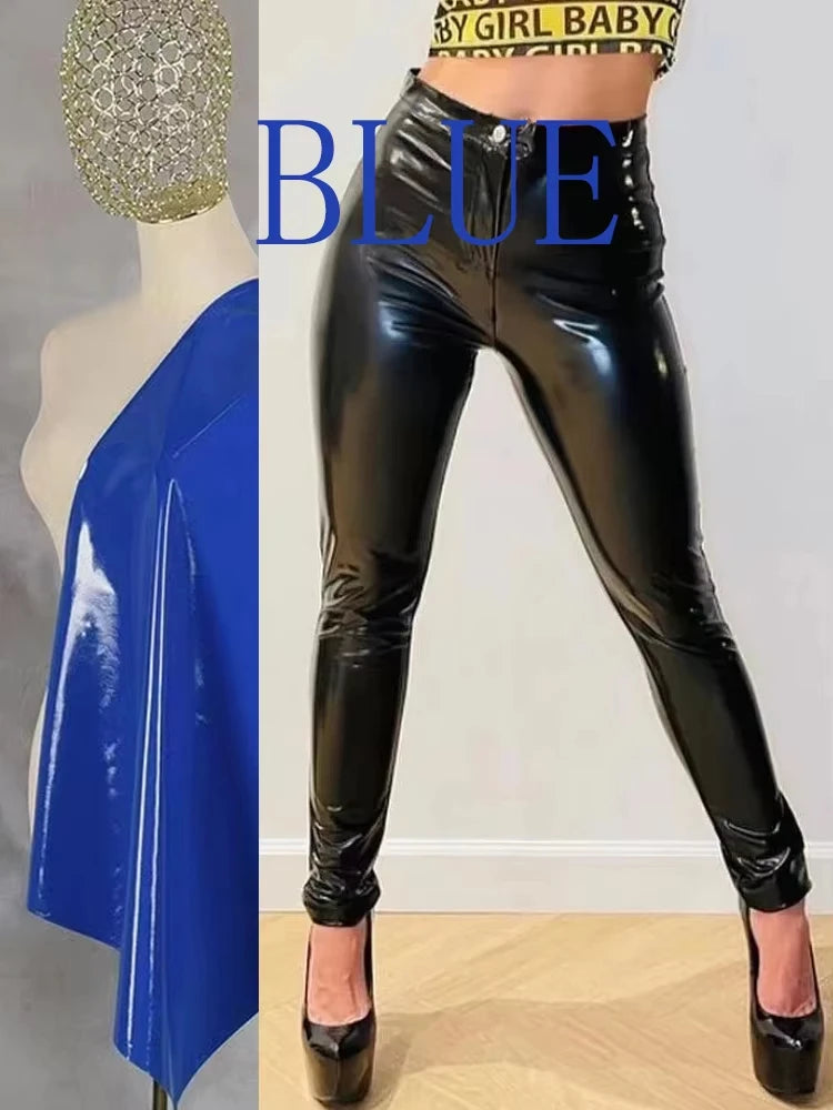 Hohe Taille glänzende Lacklederhose Damen Faux Latex Bodycon Pentil Hose Stretch Slim PU Hose Wet Look Clubwear Custom