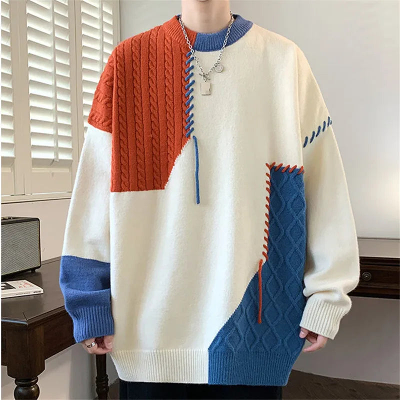 Herbst Winter neue Strick pullover Männer Patchwork o Hals lässige Strickwaren Herren lose Mode Streetwear y2k Strick pullover Mann