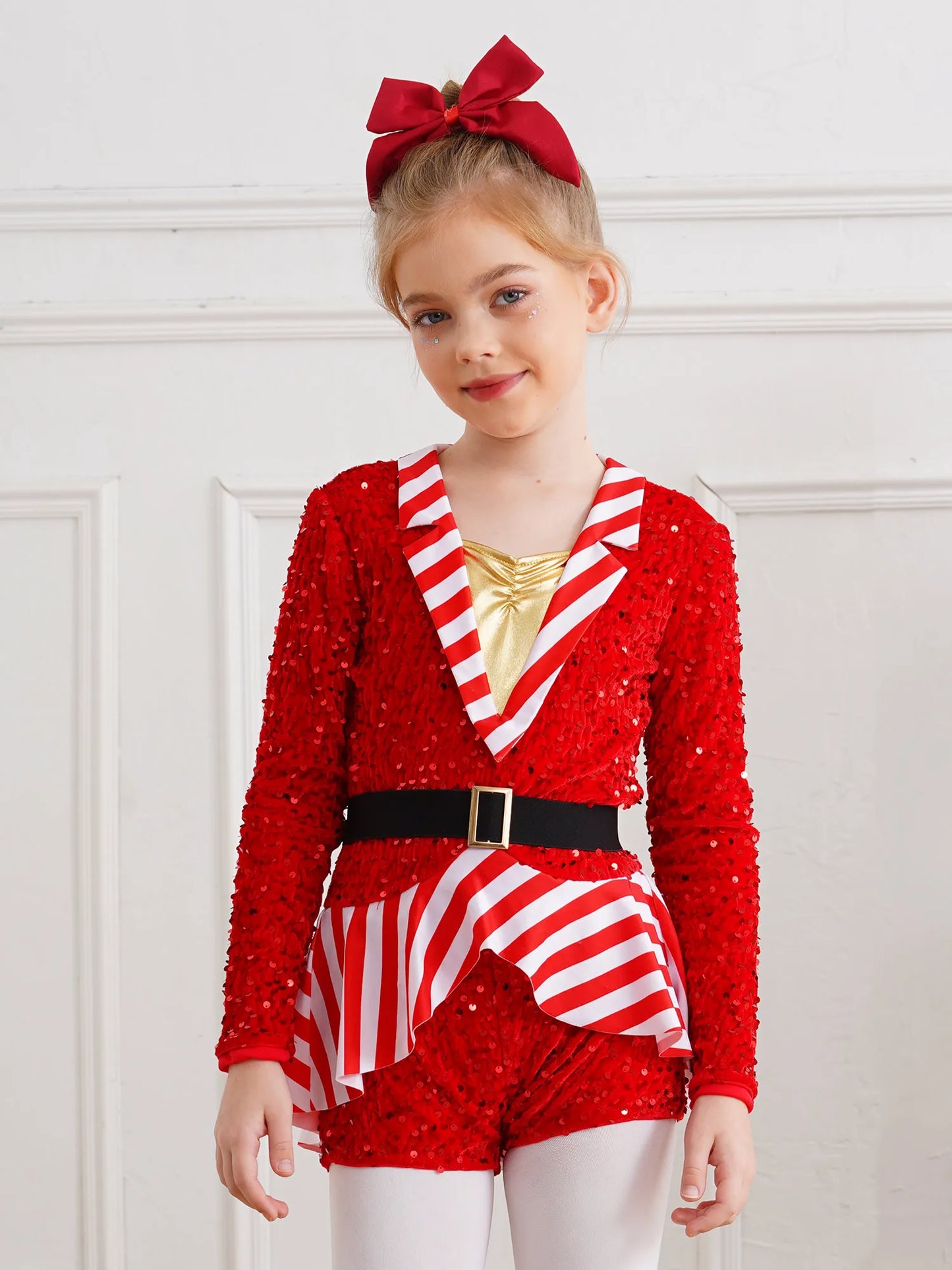 Mädchen Pailletten Samt gestreift Santa Claus Langarm Weihnachten Tanz Skating Bodysuit Overall Weihnachts ferien Zuckers tange Kostüm