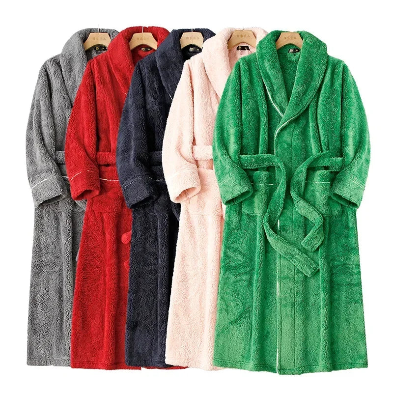 Doppelseitige Verdicken Flanell Herbst Winter Korallen Fleece Paar Lange Robe Hause Kleidung Lange Bademantel Nachtwäsche Lose Loungewear