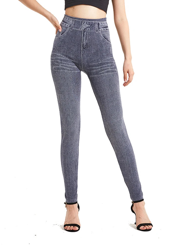 CUHAKCI Women Grey Fake Jeans Workout Yoga Leggings Seamless Soft Jeggings Women's Imitation High Elastic Denim Pencil Pants