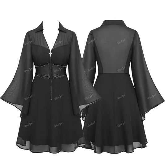 Rosegal Gothic Kleider Flare Ärmel Turn-Down Kragen Kreuz halben Reiß verschluss Spitzen besatz geschichtet Pu Panel Korsett Chiffon Kleid schwarz