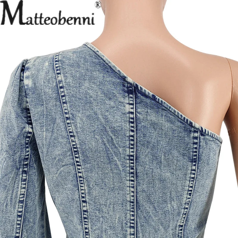 Frauen 2023 Herbst Einzigen Ärmeln Off Schulter Slim Fit Overall Licht Blau Jeans Spleißen Tasche Casual Denim Kleidung Weibliche