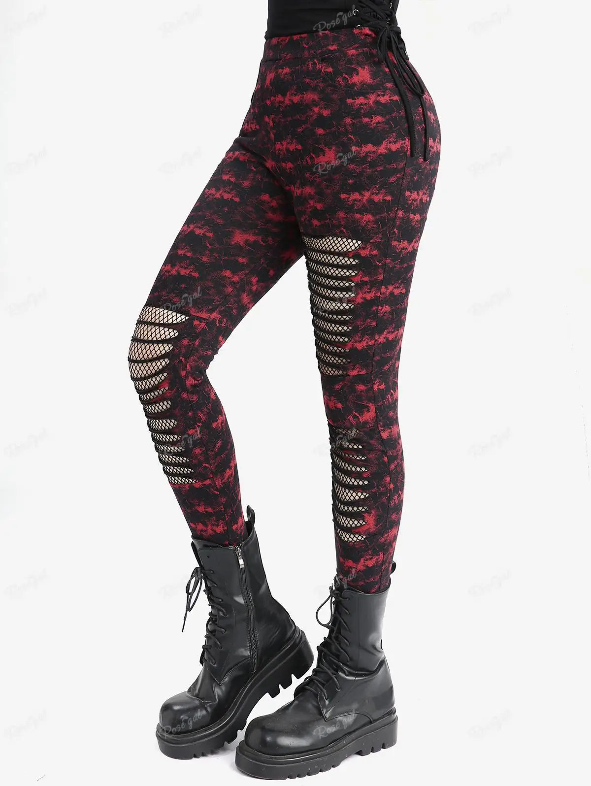 Rosegal Damen dünne Leggings mit Taschen Gothic zerrissene Mesh Panel Tie Dye Splatter Print Bleistift hose Casual Bottoms 3xl