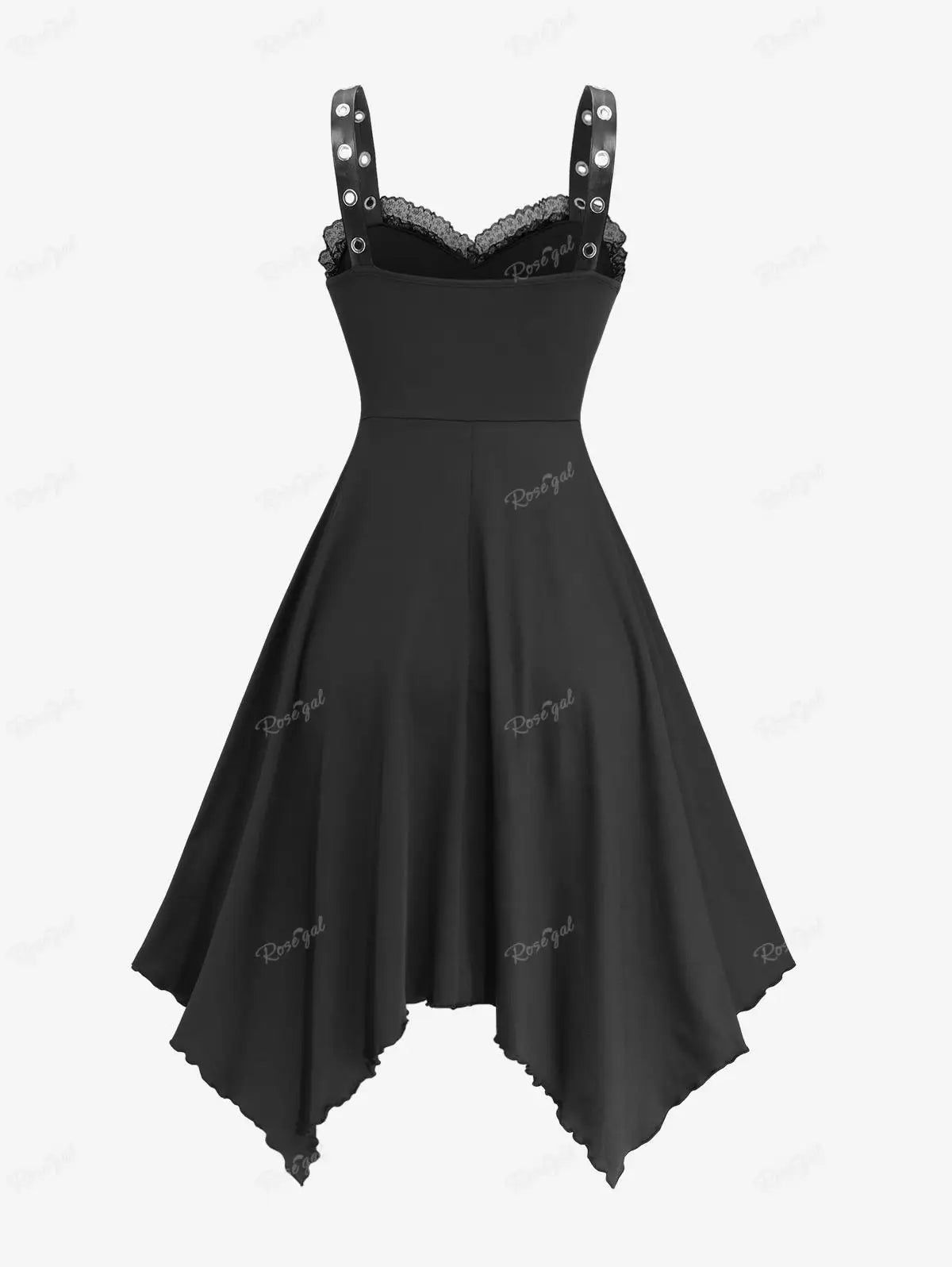 Ros gal Plus Size Tank Kleid Blumen applikationen Pu Leder Taille transparente Spitzen besatz Rüschen asymmetrisches Kleid schwarz lässig Vestidos