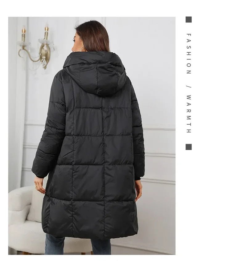 2024 neue Winter Frauen Lange Parkas Taschen Dicke Warme Mit Kapuze Unten Baumwolle Mantel Weibliche Lose Puffer Jacken Winddicht Schnee Mantel