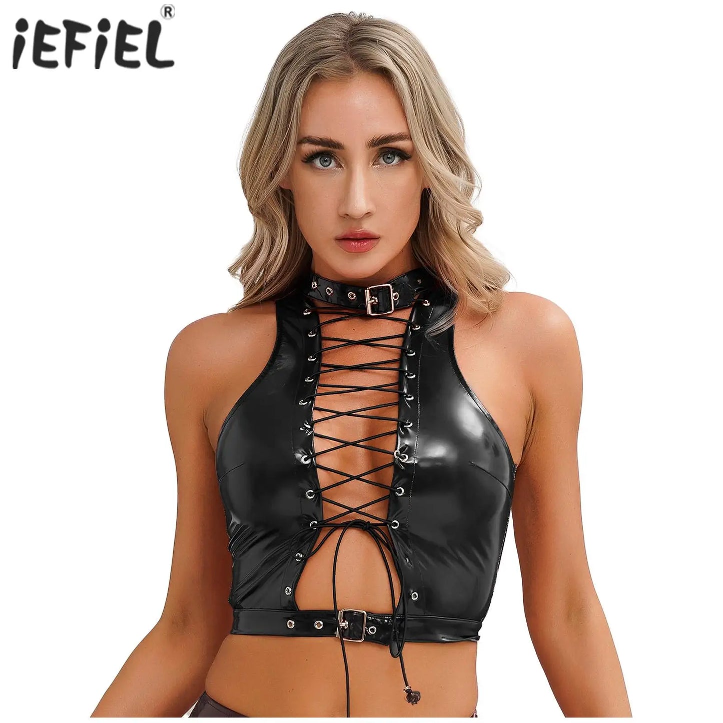 Sleeveless Crop Top for Women Adjustable Buckle at Neckline Hem Hollow Out Eyelet Lace-Up Vest Tank Tops Gothic Punk Camis Tanks