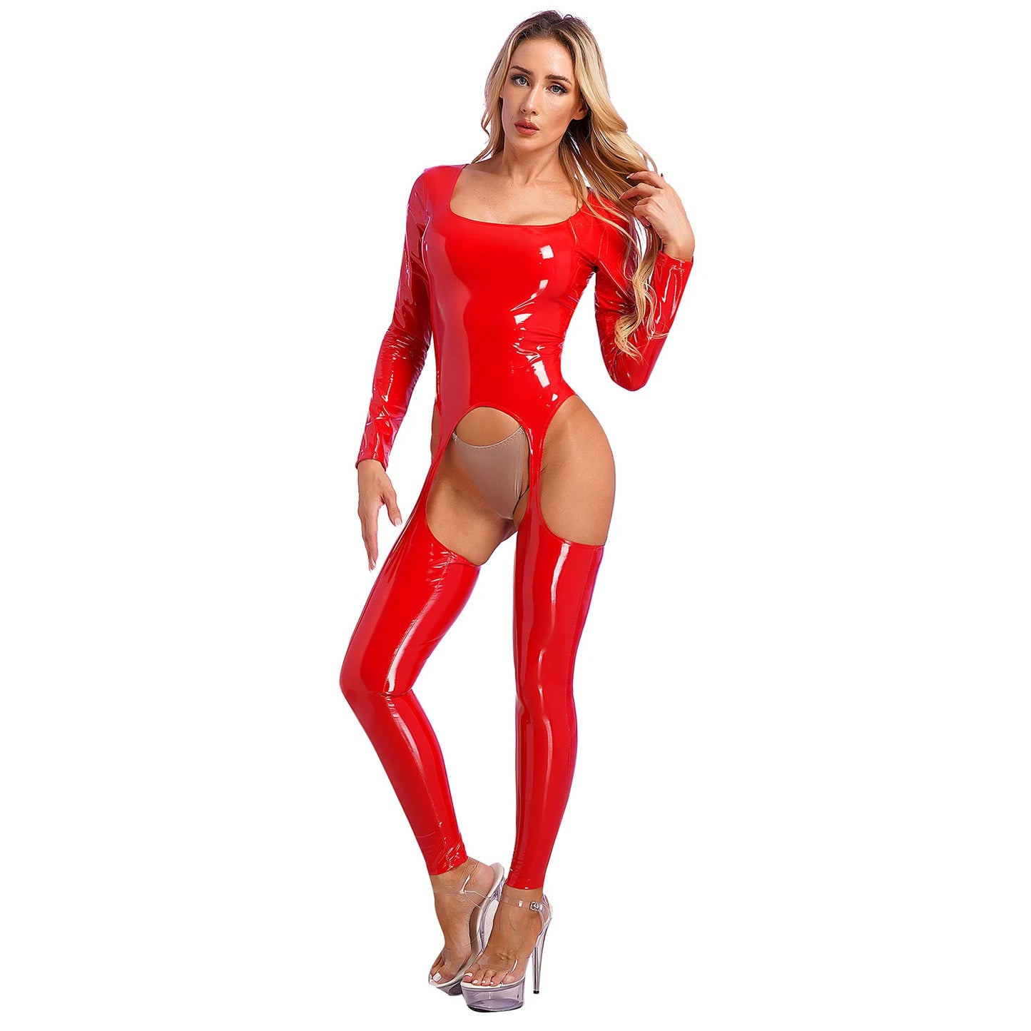 Damen Lack leder Ausschnitt Ganzkörper anzug Langarm Jumps uit mit offenem Schritt sexy aushöhlen Catsuit Pole Dance Clubwear