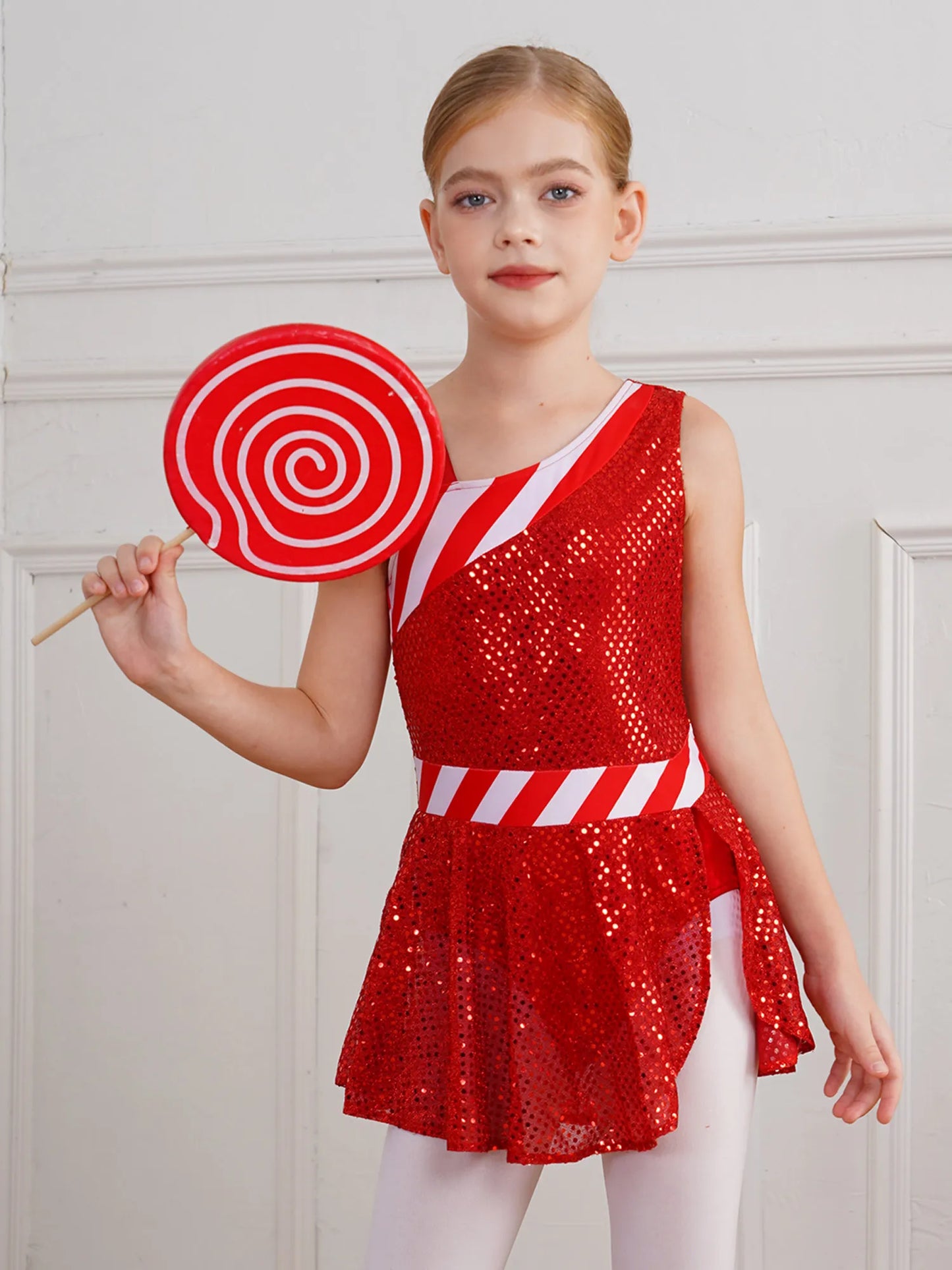 Kids Girls Shiny Sequins Christmas Dance Dresses Xmas Santa Claus Candy Cane Costume Figure Ice Skating Performance Dress