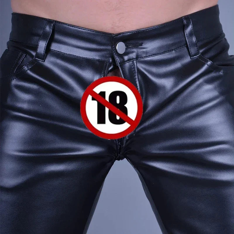 Herren schwarz matt Faux Latex Spleißen Pu Reiß verschluss offenen Schritt gerade Hose männlich exotische Lederhose lässig Unterhaltung benutzer definierte