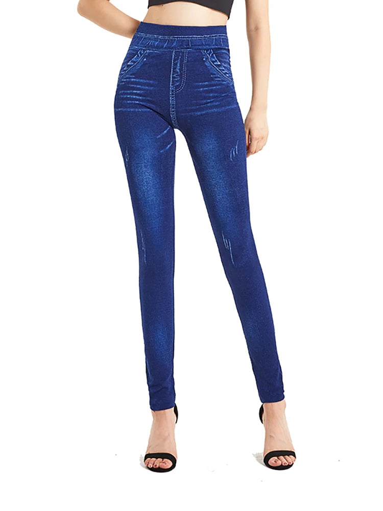 CUHAKCI Fashion Slim Faux Denim Jeans Women Leggings For Fitness Workout Pocket Printing Casual Long Pencil Pants S-3X