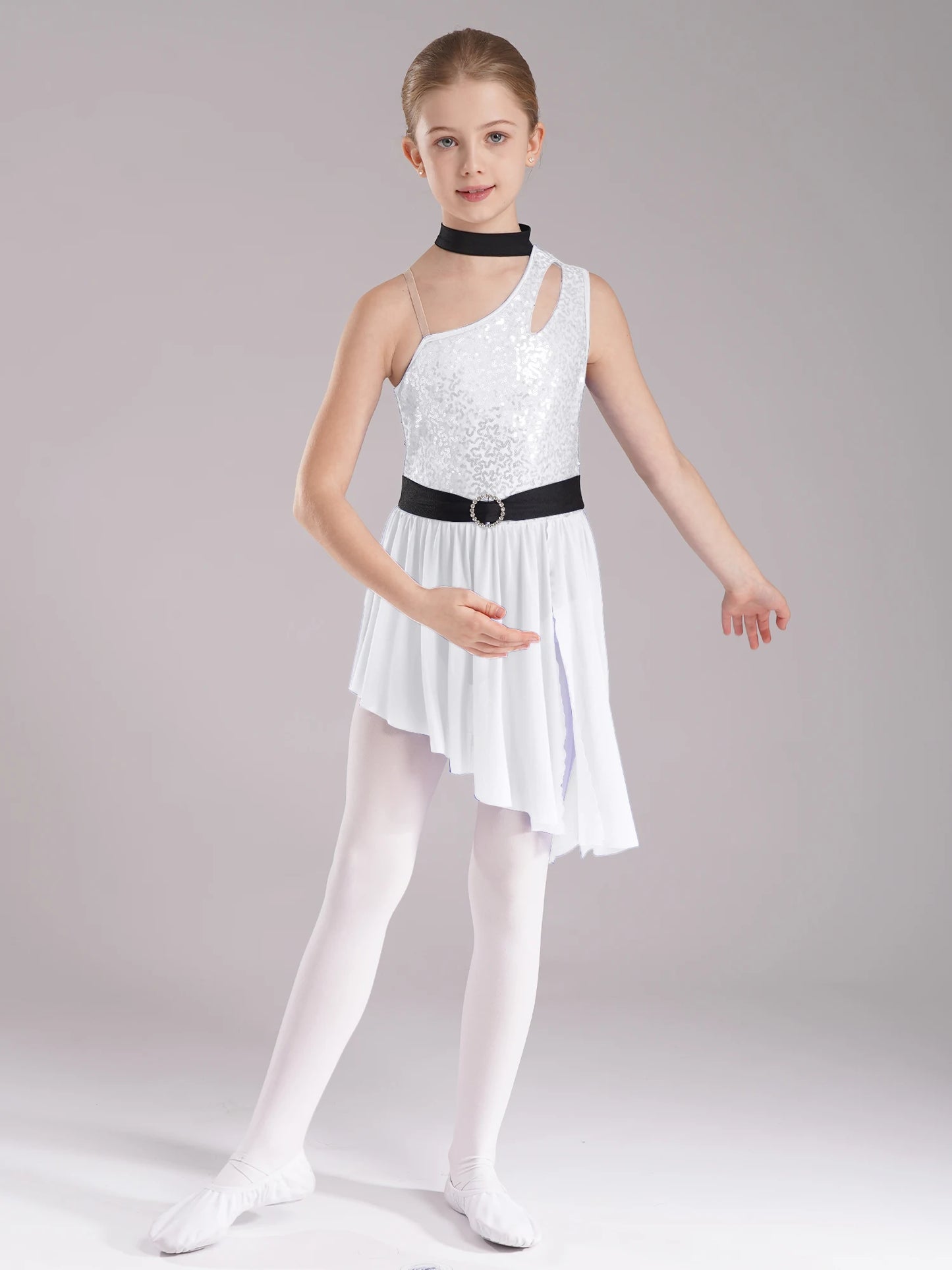 Kids Girls Lyrical Dance Costume Cutout One Shoulder Ballet Asymmetrical Tulle Dress Leotard Modern Contemporary Dancewear