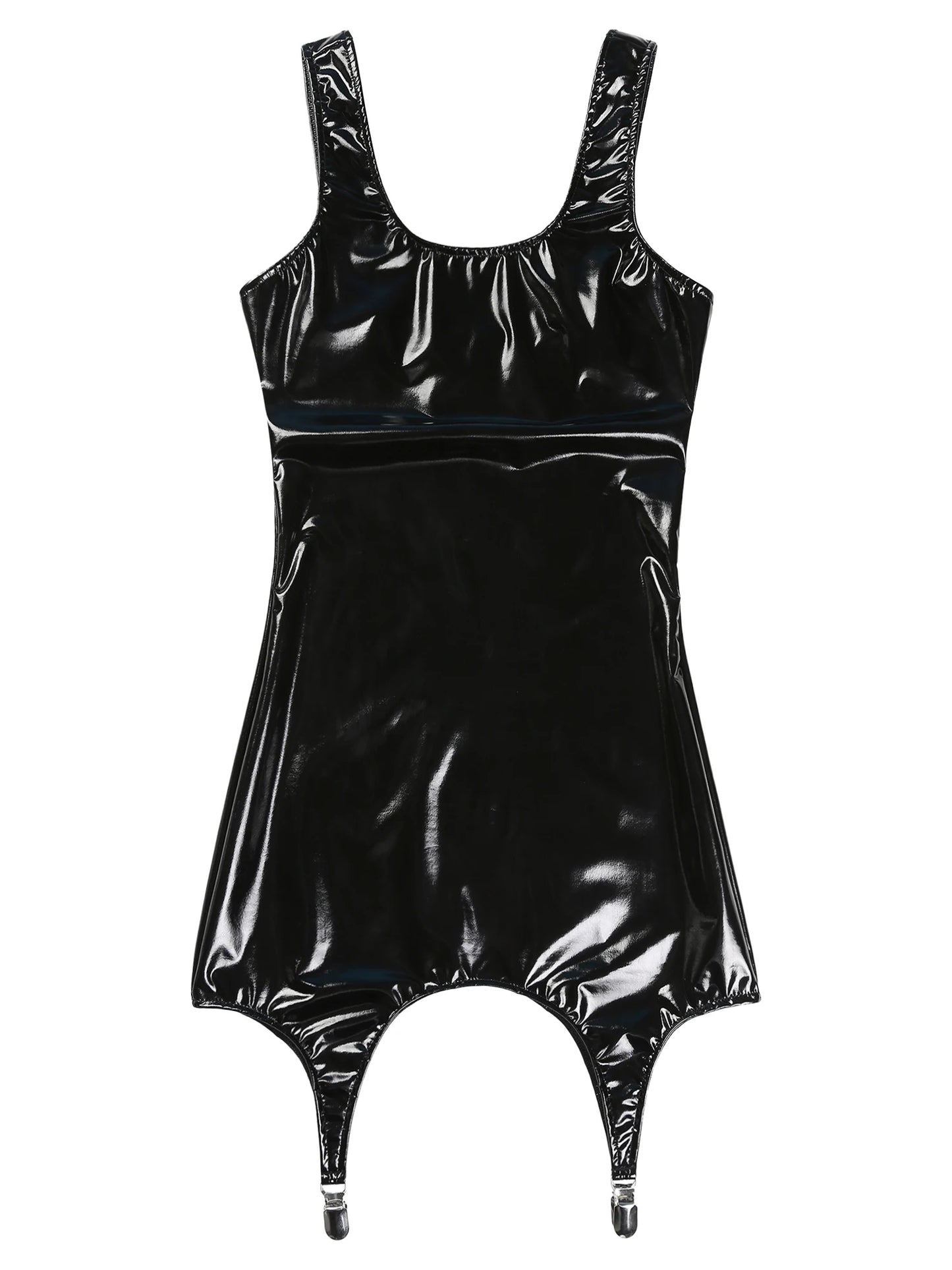 Frauen Wet Look PVC Leder Sleeveless Tank Bodycon Latex Party Nacht Club Rave Dance Mini Kleid mit Metall Clips Clubwear