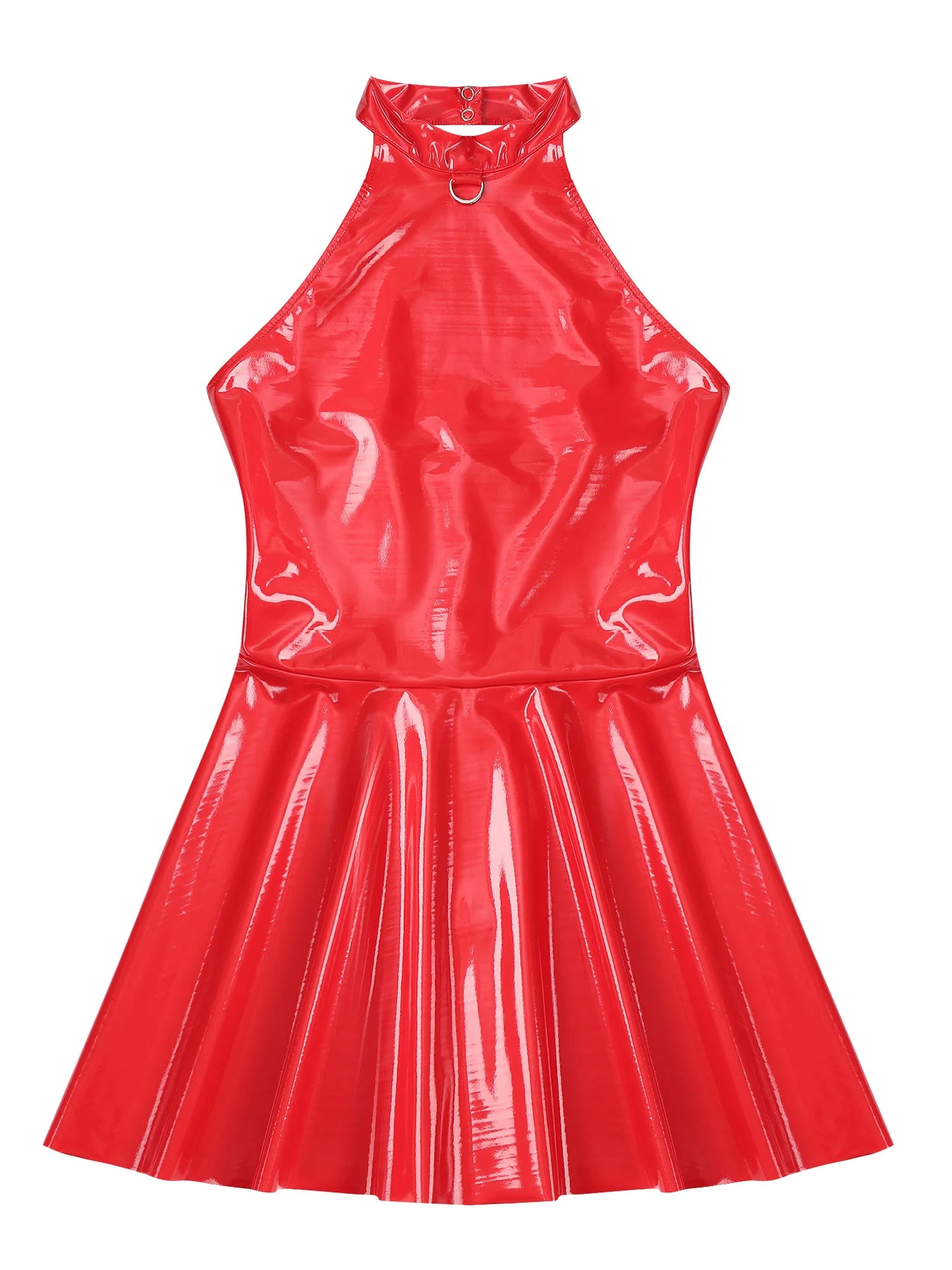 Damen Wet Look Lack leder Halfter rücken frei Skater Mini A-Linie Kleid Vinyl Latex glänzend Cocktail Party Club Kleider Clubwear