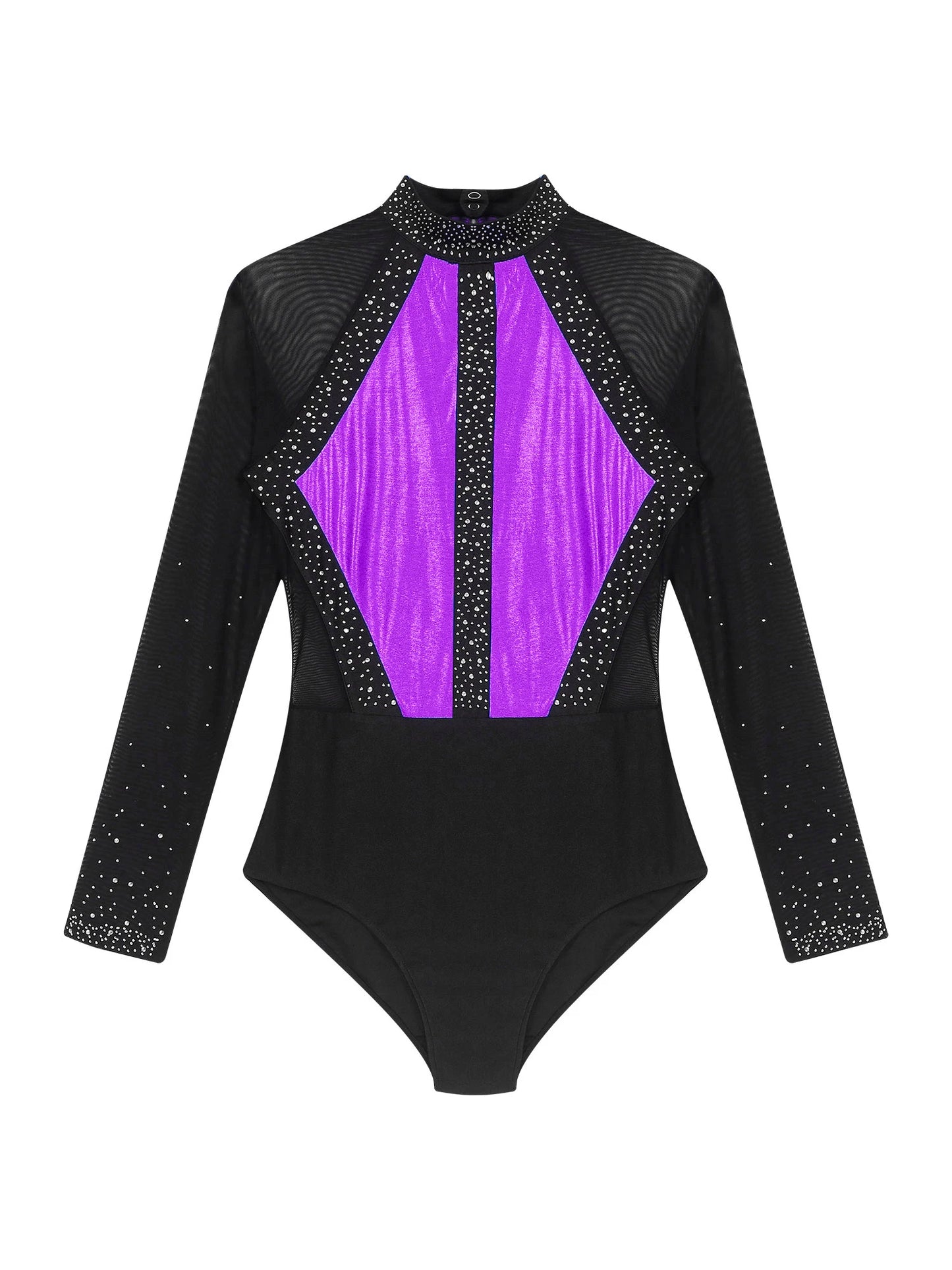 Funkelnde Strass steine für Damen Farb block Gymnastik Trikots Langarm Ballett Tanz Bodysuit Overall sportliche Tanz kleidung