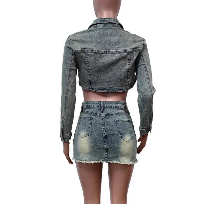 Frauen Vintage Denim 2 Stück Sets Langarm Kurz jacken Frauen Freizeit anzüge Seite Split Saum Ultra-Short Rock Trend Streetwear