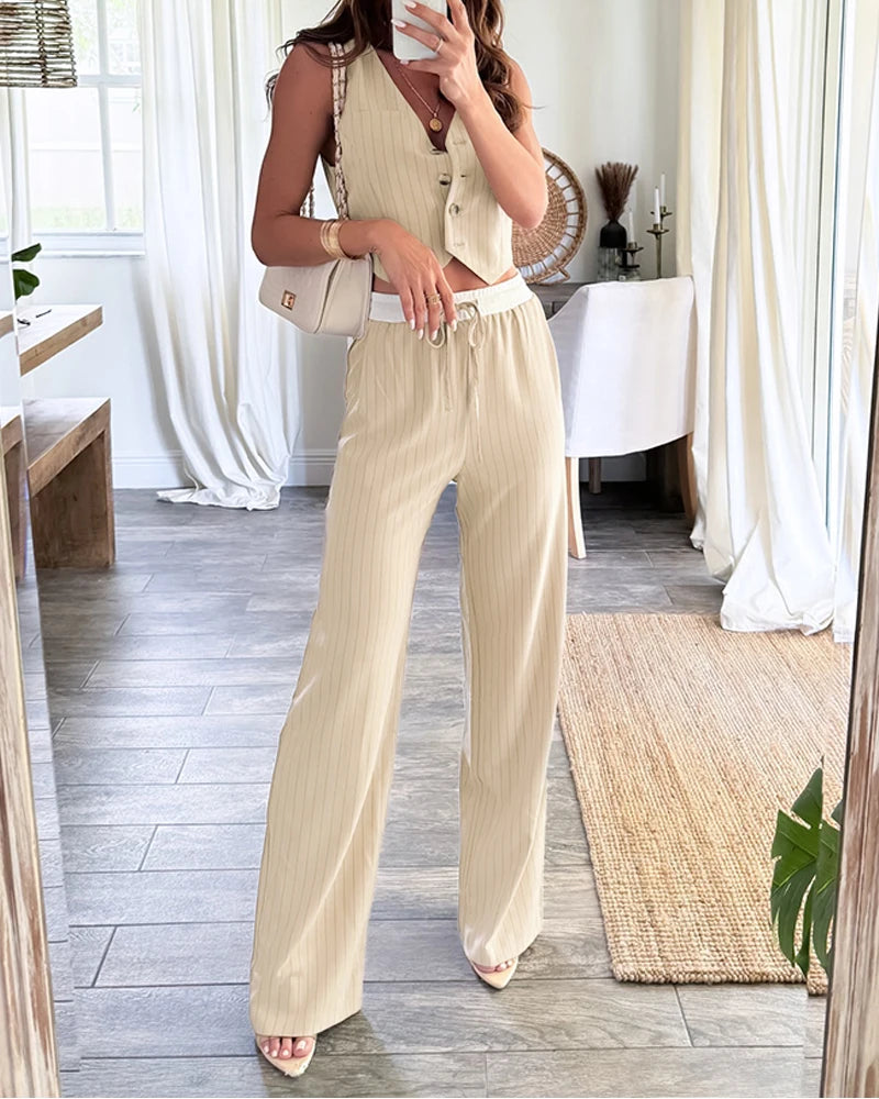 Gestreiftes Crop-Top mit V-Ausschnitt, lässige Hose mit weitem Bein und Taschen, Outfit für Damen, 2-teiliges Set