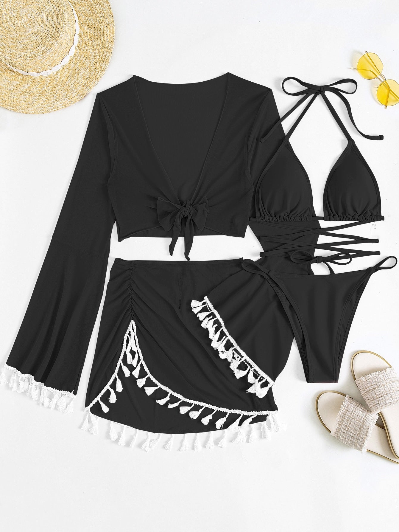 4 Pieces Lace Up Halter Triangle Bikini Swimsuit &amp; Cover Up Top With Skirt Sexy Swimwear Women 2023 Bathing Swimming Suit Female