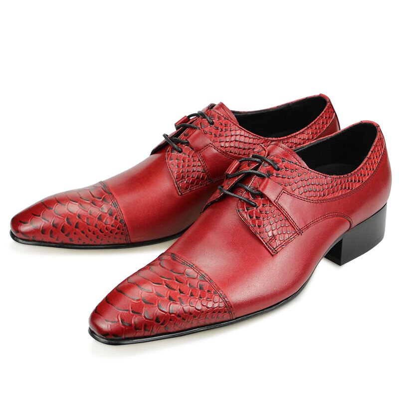 Fashion Derby Shoes Men Formal Business Office Vintage Designer Red Black Shoe Lace Up Pointed Toe Wedding Genuine Leather Shoes